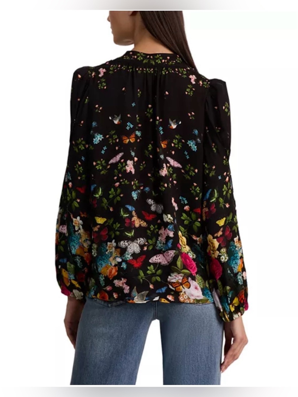 Alice + Olivia Helen Blouson Black Floral Butterfly Pleated Spring Top Size L